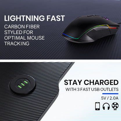 OVERDRIVE Gaming Desk, 120x60cm, Carbon Fiber Styling, LED Lights, Headset Hanger, Cup Holder, Cable Management, Black - Cosy Abode