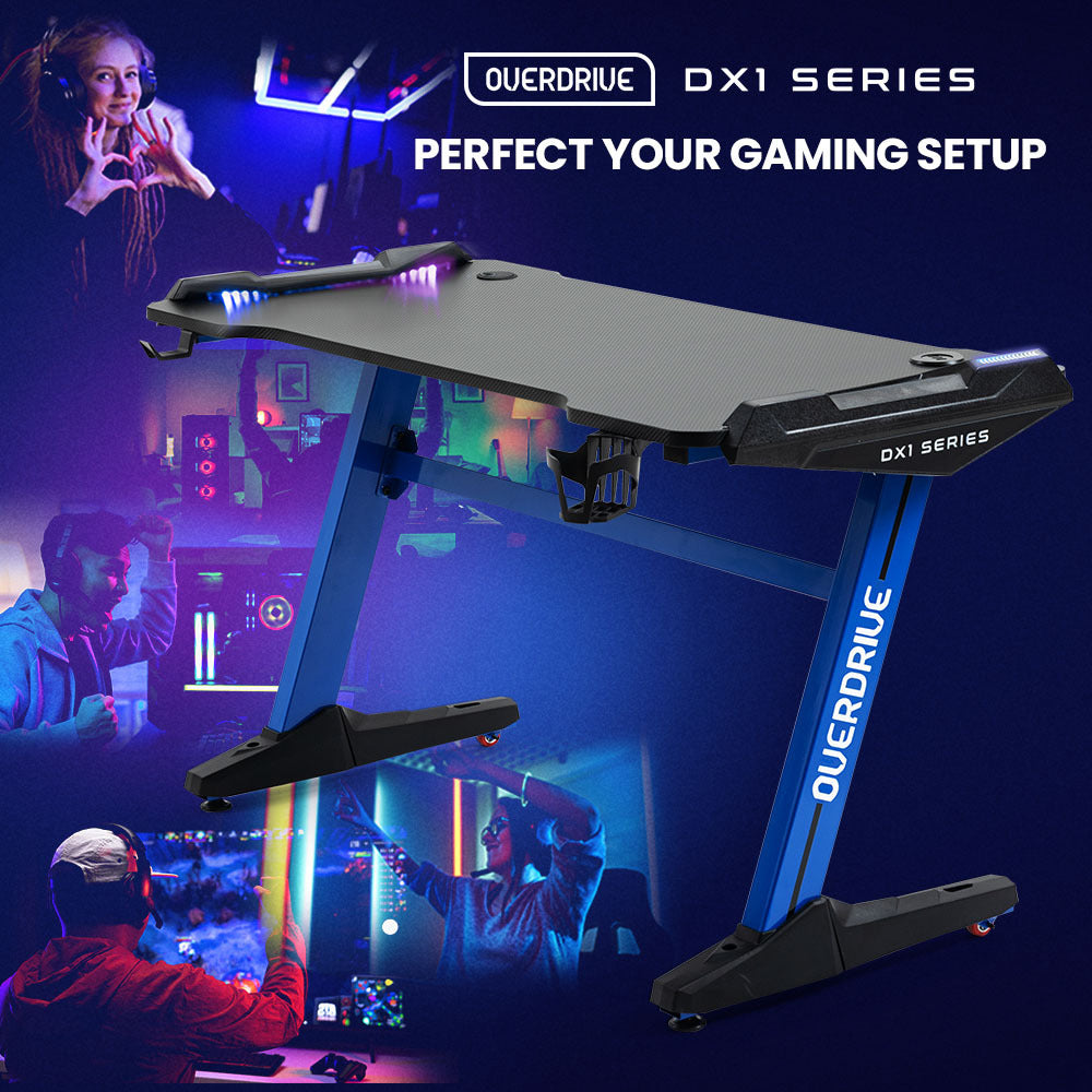 OVERDRIVE Gaming Desk, 120x60cm, Carbon Fiber Styling, LED Lights, Headset Hanger, Cup Holder, Cable Management, Blue - Cosy Abode