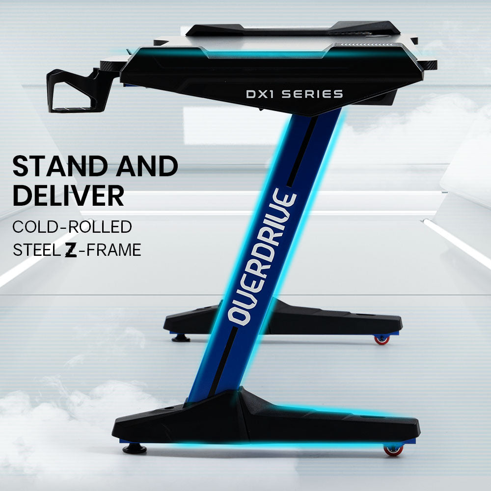 OVERDRIVE Gaming Desk, 120x60cm, Carbon Fiber Styling, LED Lights, Headset Hanger, Cup Holder, Cable Management, Blue - Cosy Abode