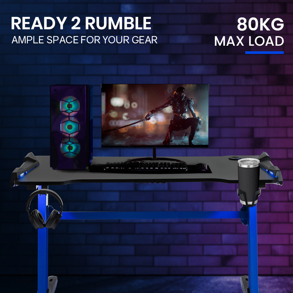 OVERDRIVE Gaming Desk, 120x60cm, Carbon Fiber Styling, LED Lights, Headset Hanger, Cup Holder, Cable Management, Blue - Cosy Abode