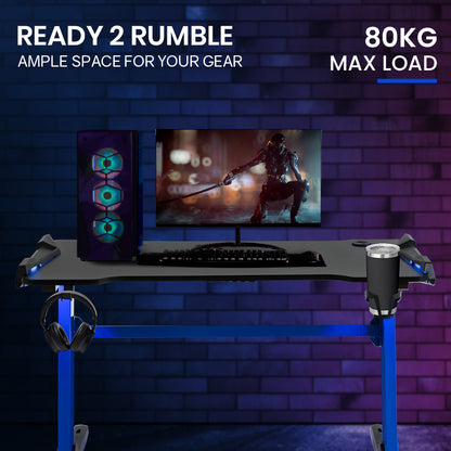 OVERDRIVE Gaming Desk, 120x60cm, Carbon Fiber Styling, LED Lights, Headset Hanger, Cup Holder, Cable Management, Blue - Cosy Abode