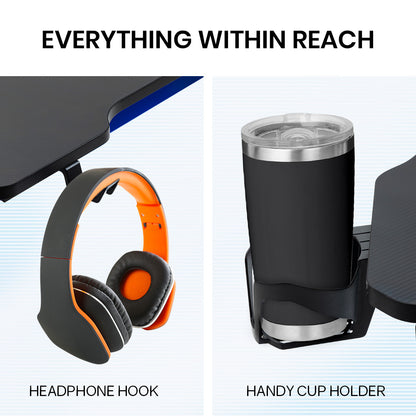 OVERDRIVE Gaming Desk, 120x60cm, Carbon Fiber Styling, LED Lights, Headset Hanger, Cup Holder, Cable Management, Blue - Cosy Abode