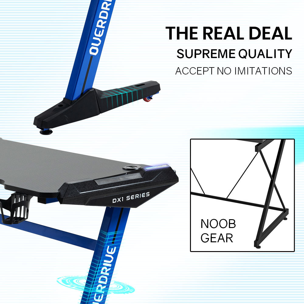 OVERDRIVE Gaming Desk, 120x60cm, Carbon Fiber Styling, LED Lights, Headset Hanger, Cup Holder, Cable Management, Blue - Cosy Abode