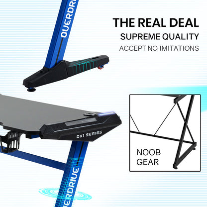 OVERDRIVE Gaming Desk, 120x60cm, Carbon Fiber Styling, LED Lights, Headset Hanger, Cup Holder, Cable Management, Blue - Cosy Abode