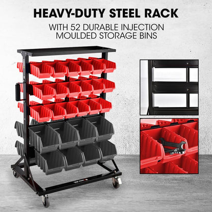 BAUMR-AG 52 Parts Bin Rack Storage System Mobile Double-Sided - Red - Cosy Abode