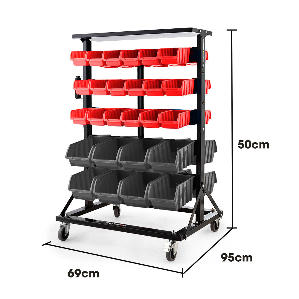 BAUMR-AG 52 Parts Bin Rack Storage System Mobile Double-Sided - Red - Cosy Abode