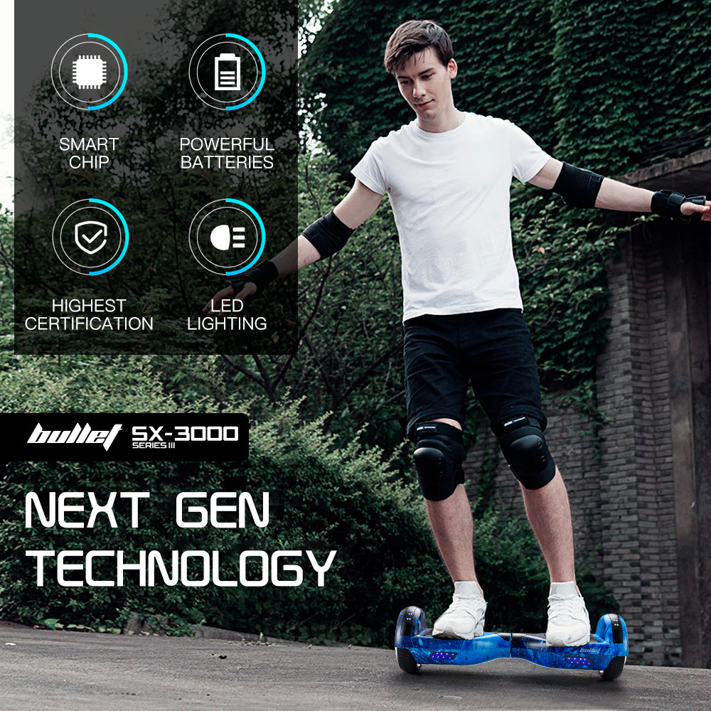 BULLET Electric Hoverboard Scooter 6.5 Inch Wheels, Colour LED Lighting, Carry Bag, Gen III Blue Galaxy - Cosy Abode
