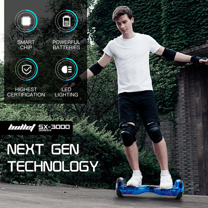 BULLET Electric Hoverboard Scooter 6.5 Inch Wheels, Colour LED Lighting, Carry Bag, Gen III Blue Galaxy - Cosy Abode