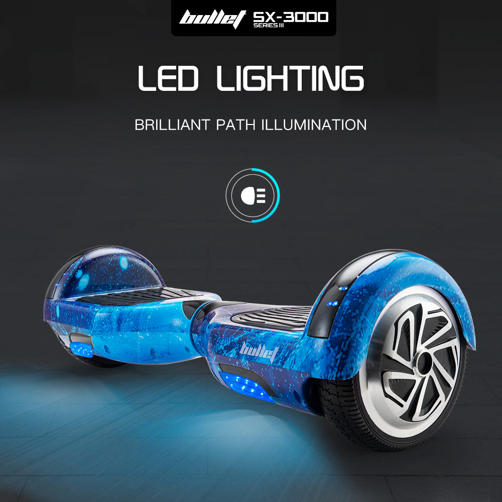 BULLET Electric Hoverboard Scooter 6.5 Inch Wheels, Colour LED Lighting, Carry Bag, Gen III Blue Galaxy - Cosy Abode