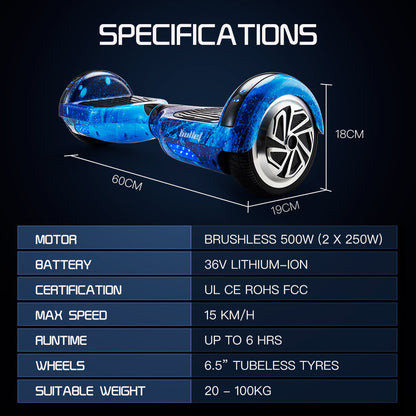 BULLET Electric Hoverboard Scooter 6.5 Inch Wheels, Colour LED Lighting, Carry Bag, Gen III Blue Galaxy - Cosy Abode