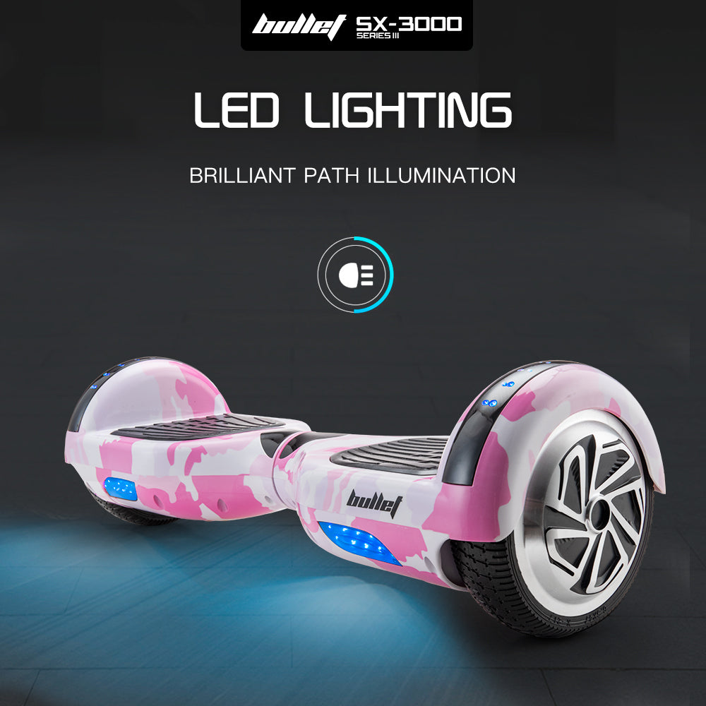 BULLET Electric Hoverboard Scooter 6.5 Inch Wheels, Colour LED Lighting, Carry Bag, Gen III Pink Camo - Cosy Abode