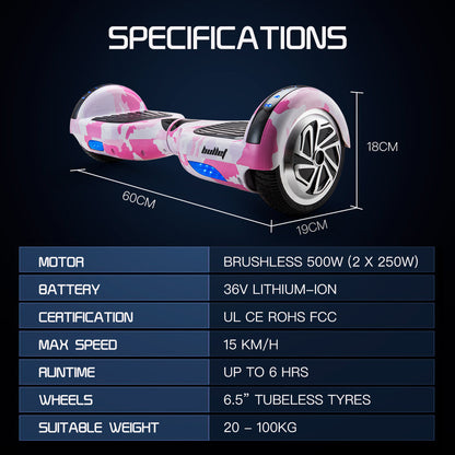 BULLET Electric Hoverboard Scooter 6.5 Inch Wheels, Colour LED Lighting, Carry Bag, Gen III Pink Camo - Cosy Abode