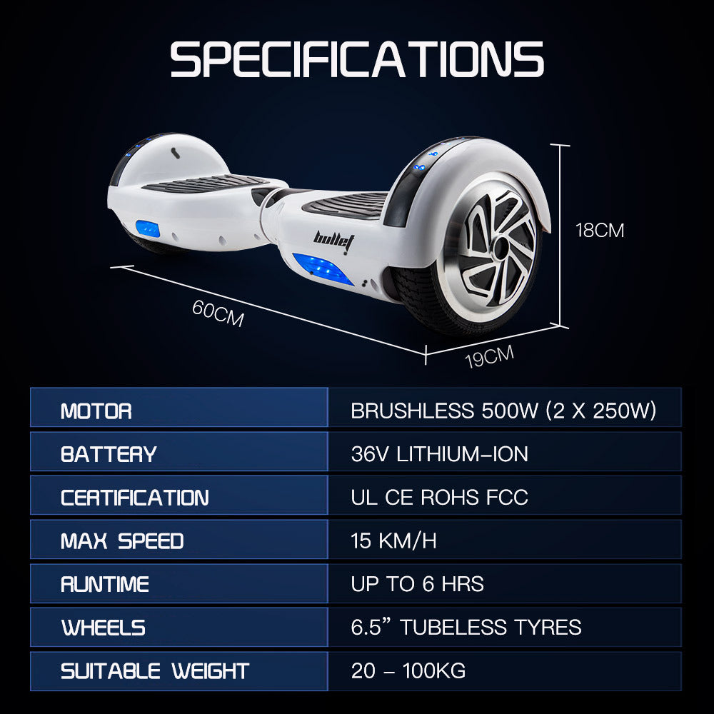 BULLET Hoverboard Electric Scooter 6.5 Inch Wheels Self Balancing Gen III White Free Carry Bag - Cosy Abode