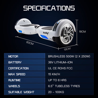 BULLET Hoverboard Electric Scooter 6.5 Inch Wheels Self Balancing Gen III White Free Carry Bag - Cosy Abode