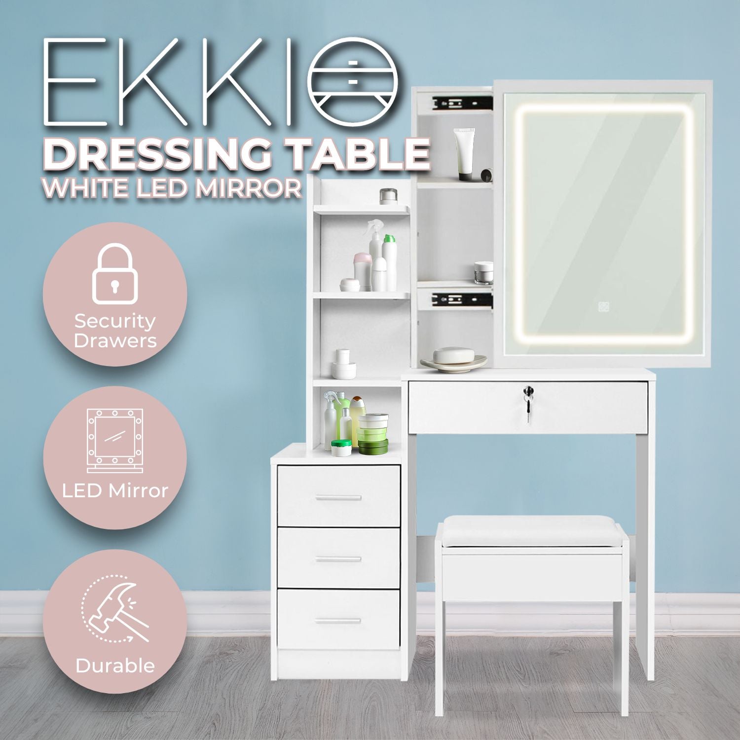 EKKIO Dressing Table White LED Mirror + Stool - Cosy Abode