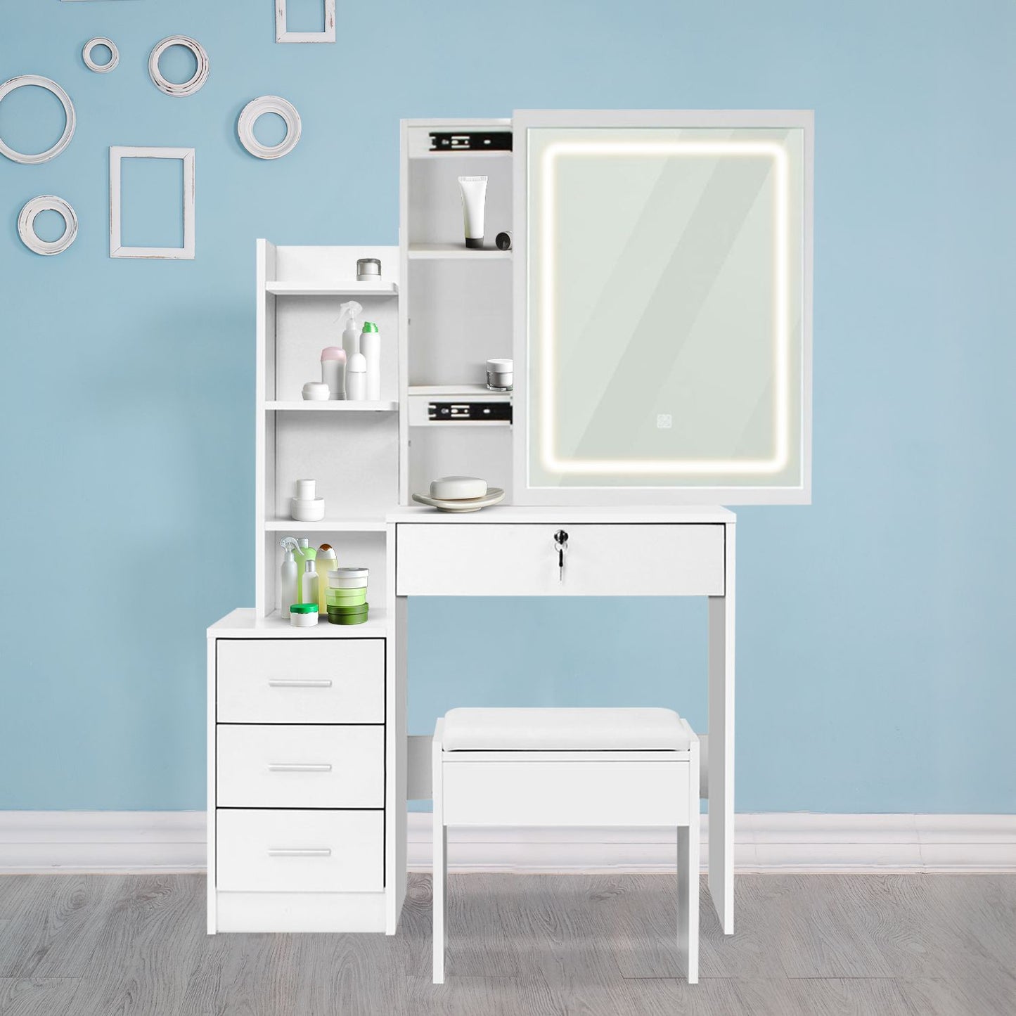 EKKIO Dressing Table White LED Mirror + Stool - Cosy Abode