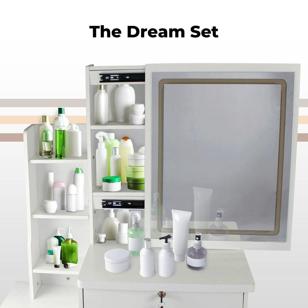 EKKIO Dressing Table White LED Mirror + Stool - Cosy Abode