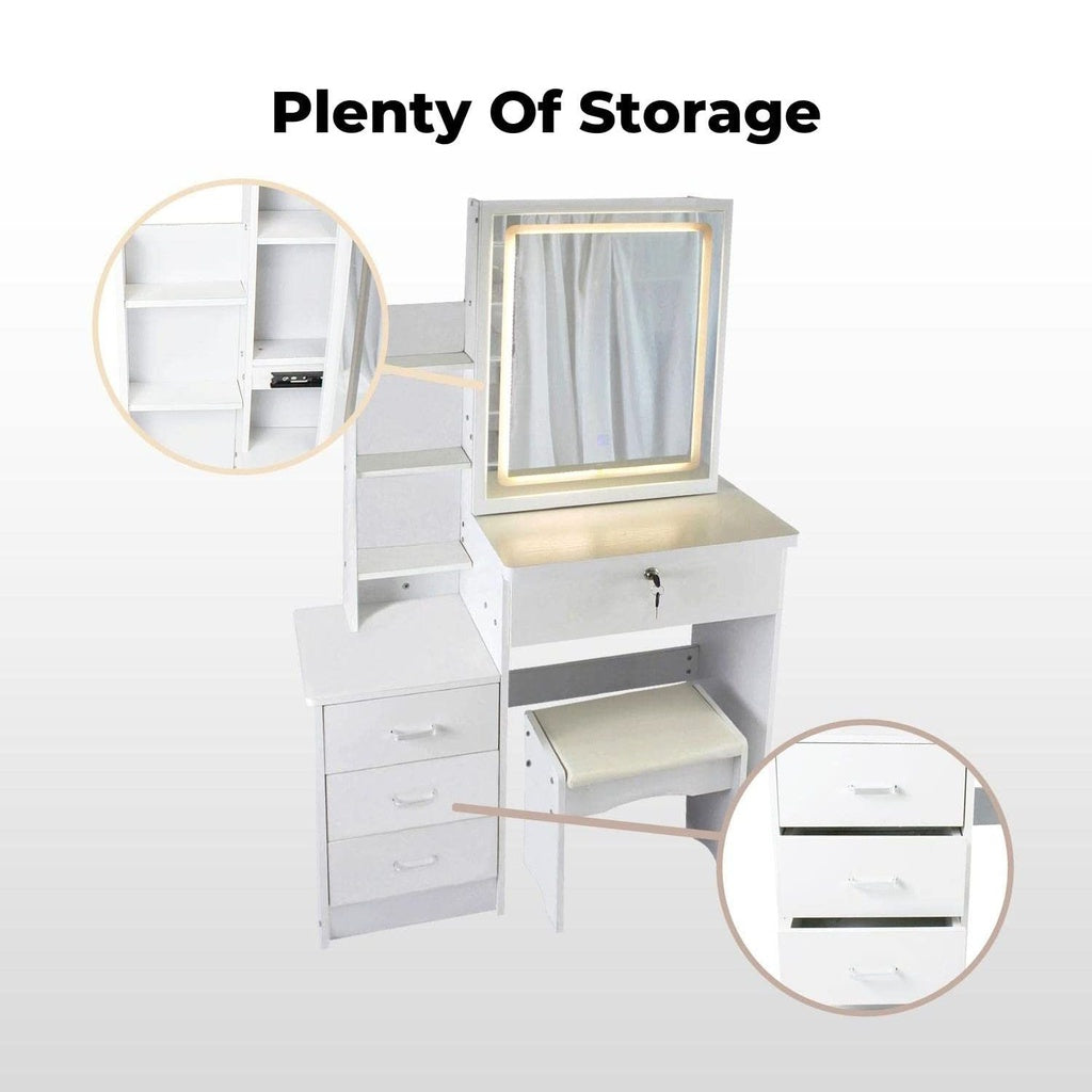 EKKIO Dressing Table White LED Mirror + Stool - Cosy Abode