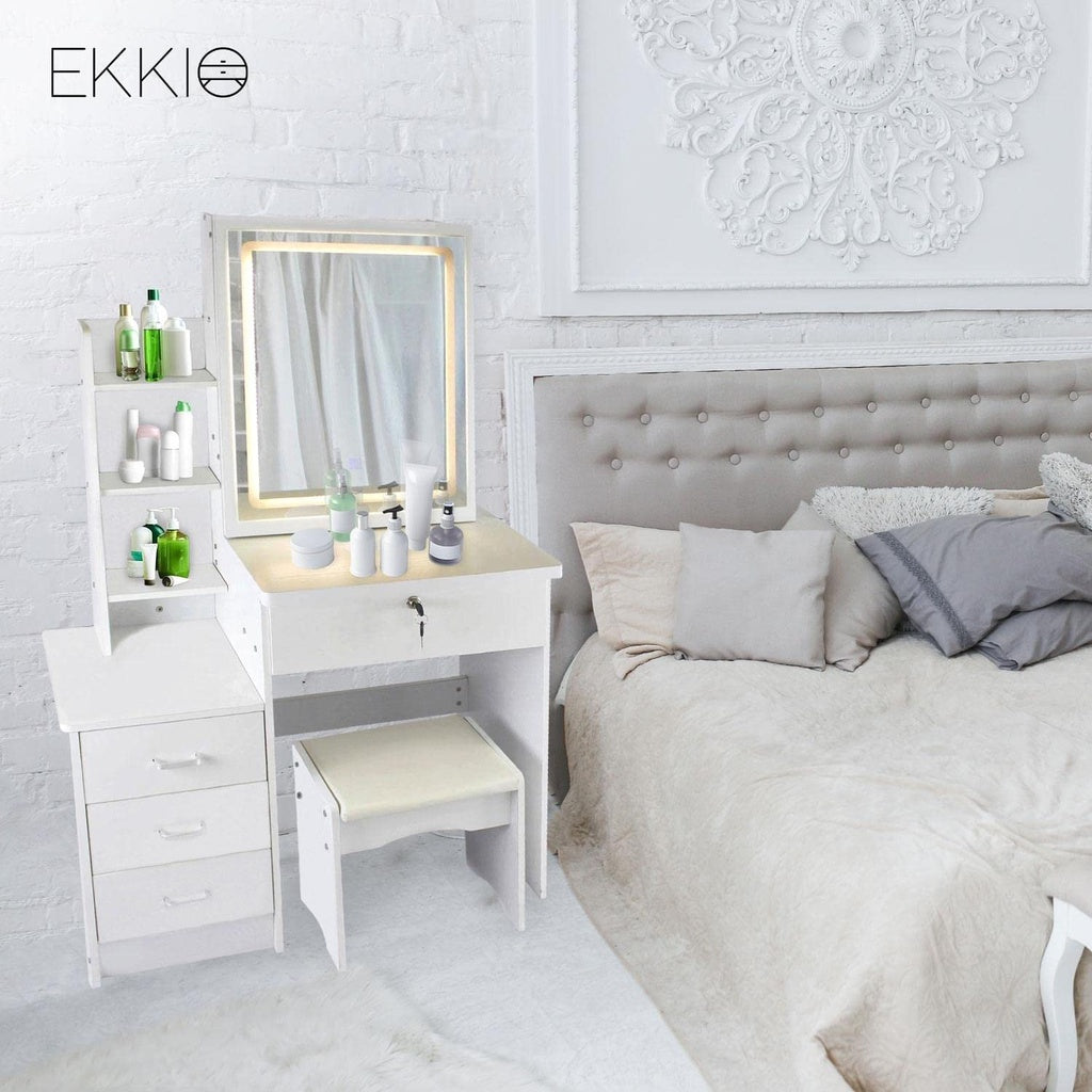 EKKIO Dressing Table White LED Mirror + Stool - Cosy Abode