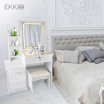 EKKIO Dressing Table White LED Mirror + Stool - Cosy Abode