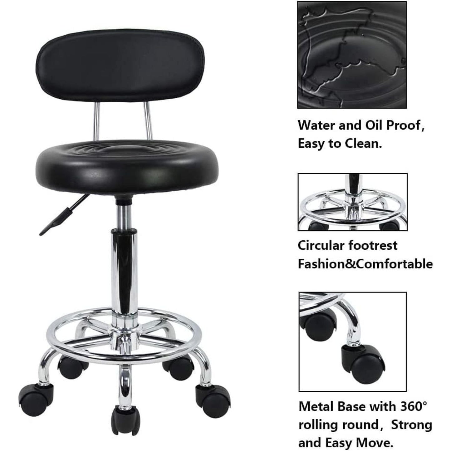 EKKIO Backrest Round Salon Stool with Adjustable Height (Black) - Cosy Abode