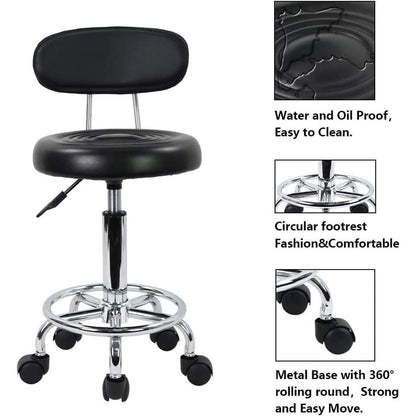 EKKIO Backrest Round Salon Stool with Adjustable Height (Black) - Cosy Abode