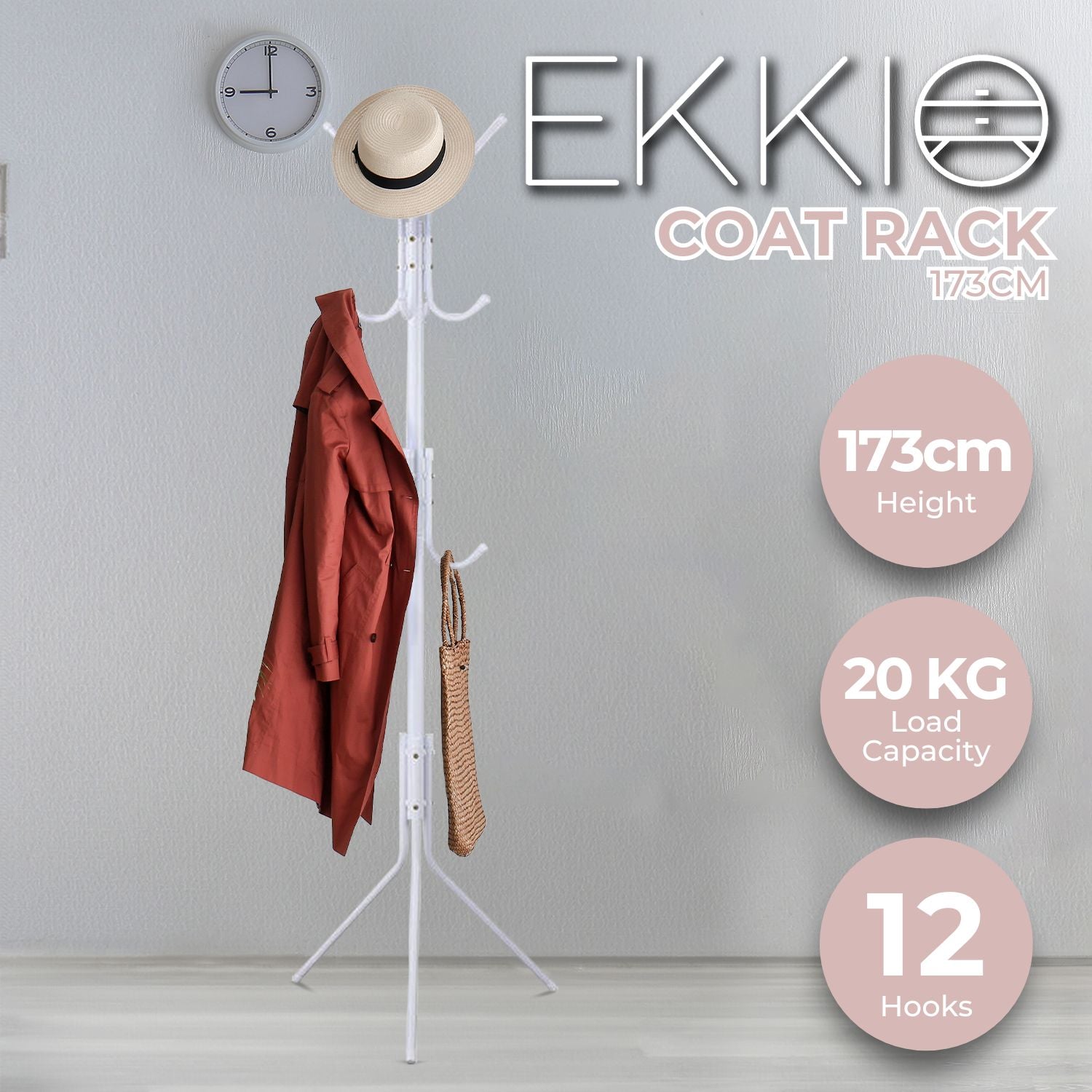 EKKIO 12 Hook Metal Coat Rack Stand with 3-Tier Hat Hanger (White) - Cosy Abode