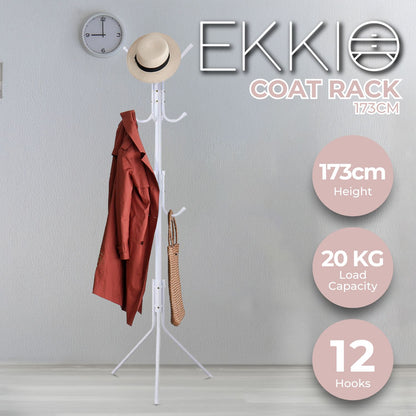 EKKIO 12 Hook Metal Coat Rack Stand with 3-Tier Hat Hanger (White) - Cosy Abode