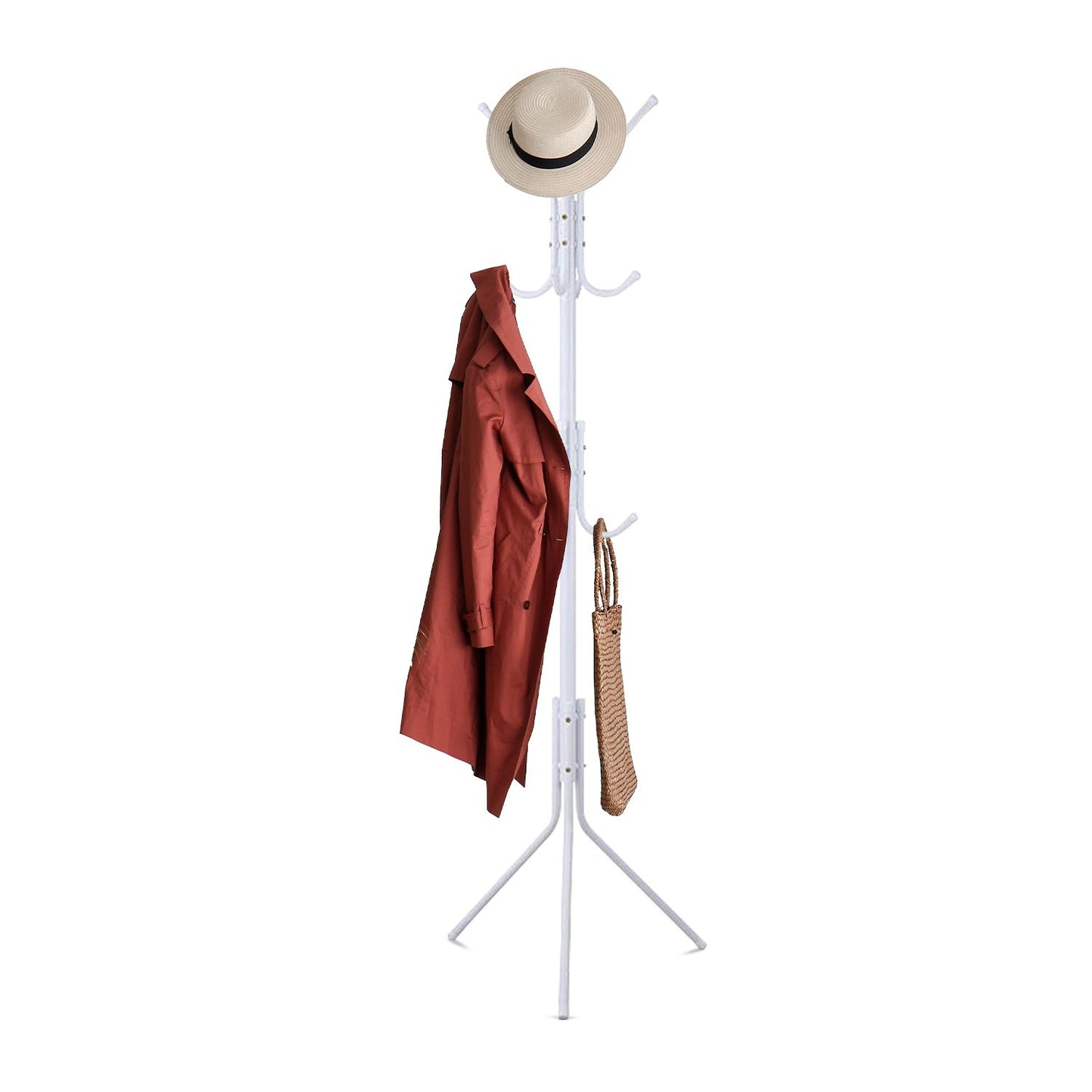 EKKIO 12 Hook Metal Coat Rack Stand with 3-Tier Hat Hanger (White) - Cosy Abode