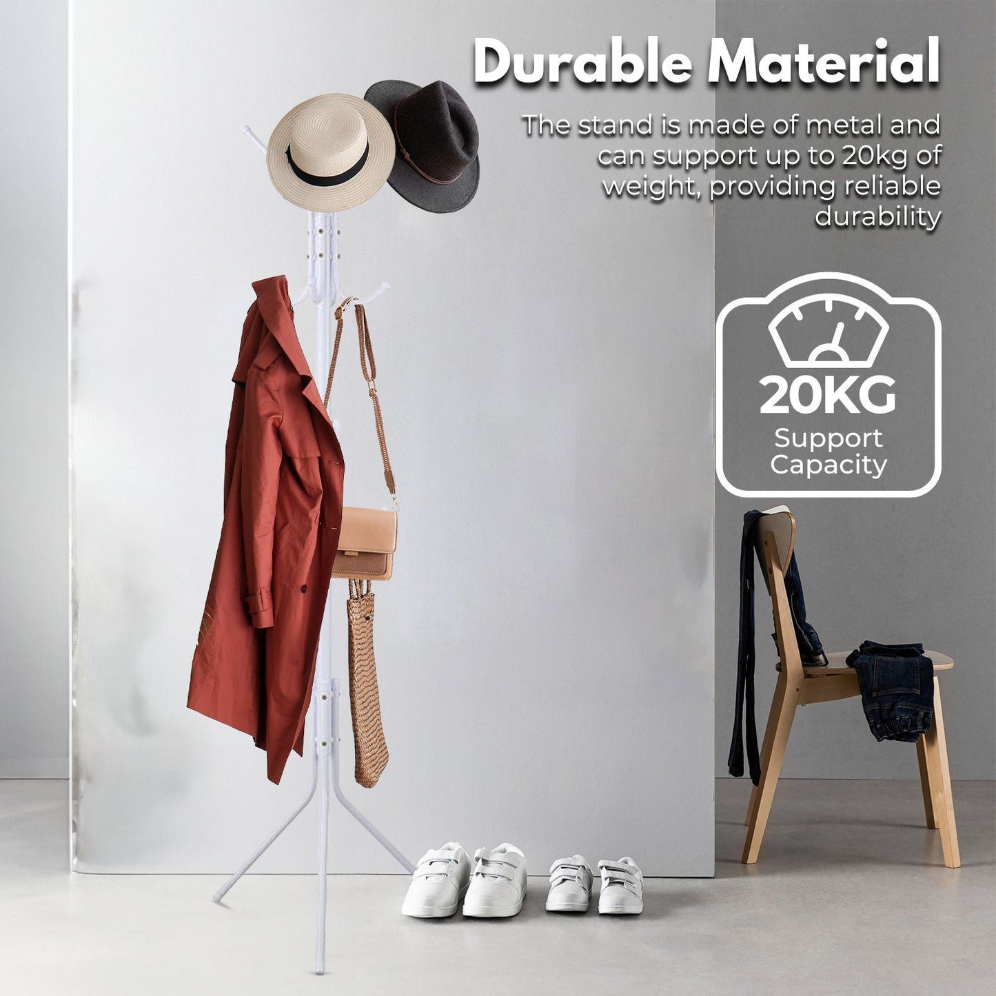 EKKIO 12 Hook Metal Coat Rack Stand with 3-Tier Hat Hanger (White) - Cosy Abode