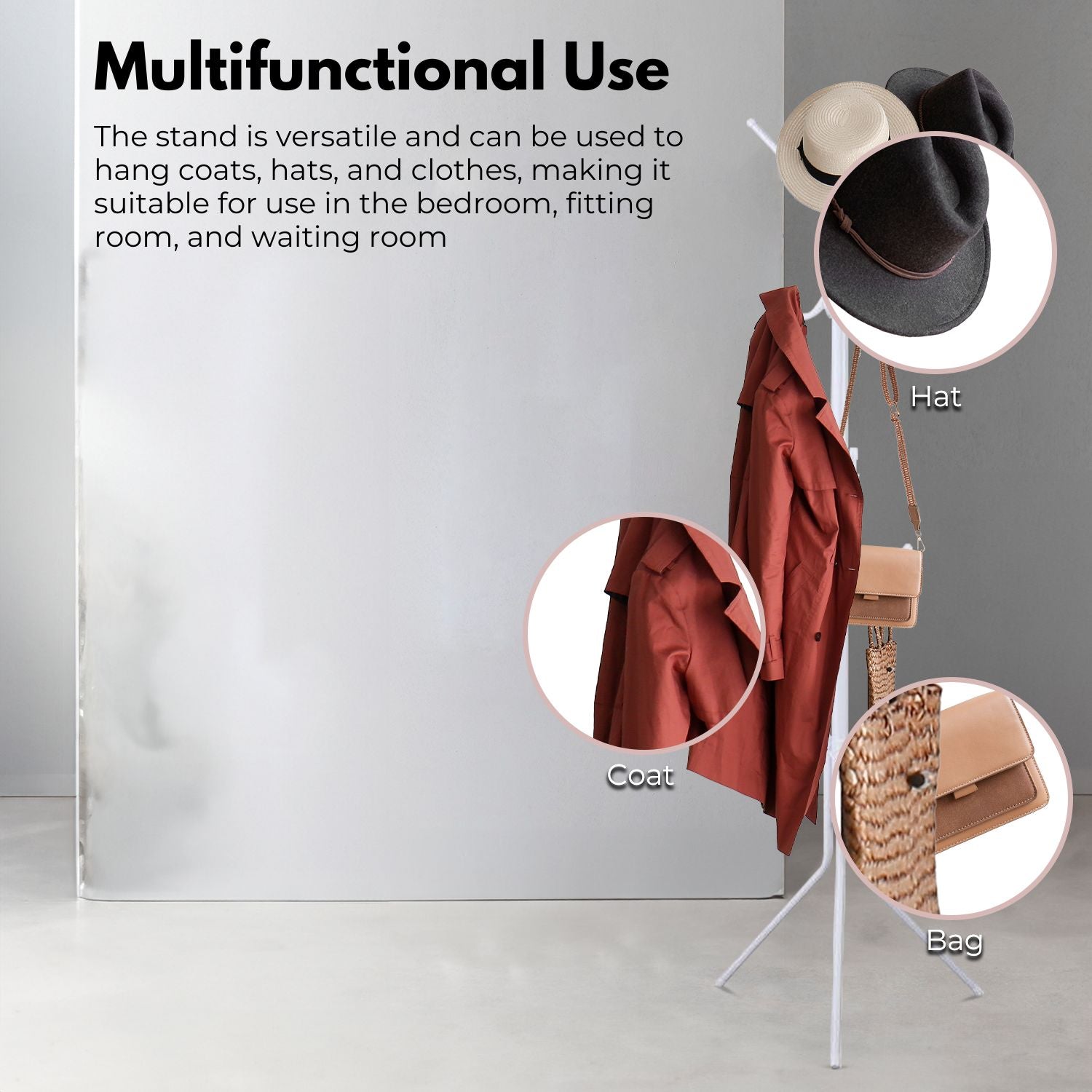 EKKIO 12 Hook Metal Coat Rack Stand with 3-Tier Hat Hanger (White) - Cosy Abode