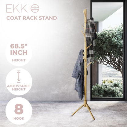 EKKIO 8 Hook Wood Coat Rack Stand (Wooden) - Cosy Abode