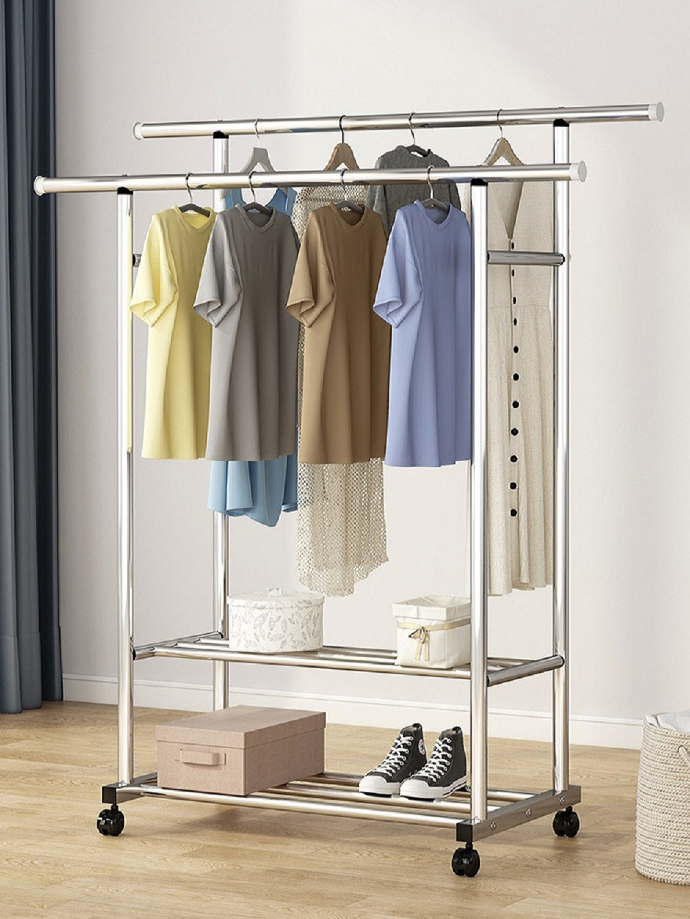 Ekkio Clothes Rack Stainless Steel Two Rail - Cosy Abode