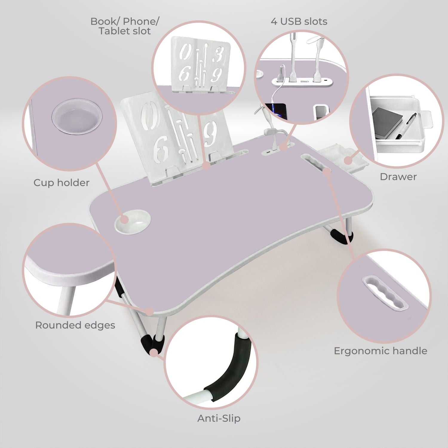 Ekkio Portable Laptop Bed Desk Foldable Legs with USB Charge Port Home Office Light Pink - Cosy Abode