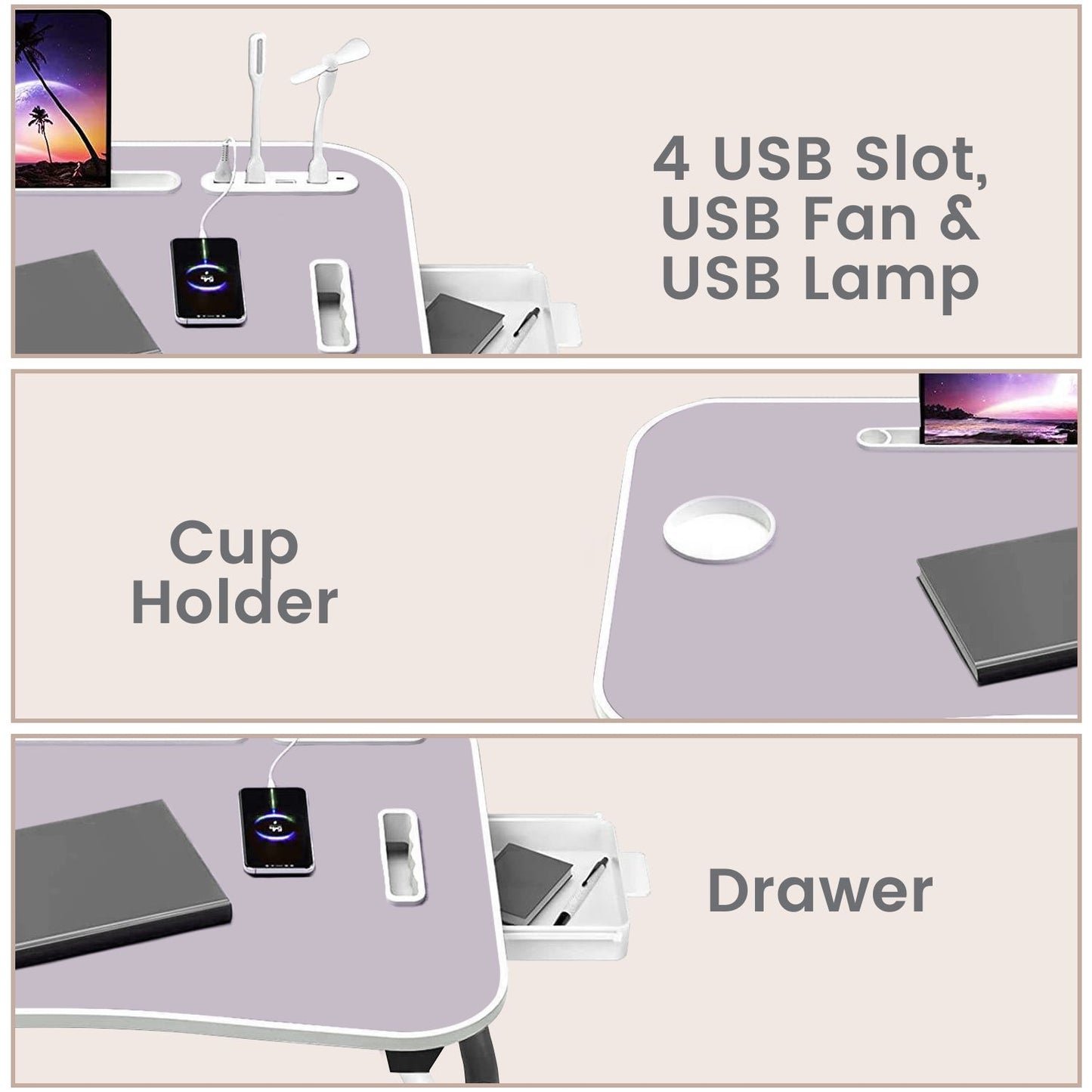 Ekkio Portable Laptop Bed Desk Foldable Legs with USB Charge Port Home Office Light Pink - Cosy Abode
