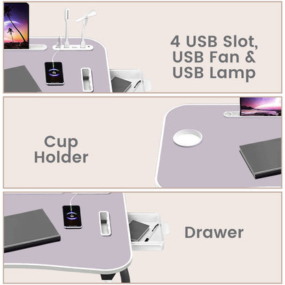 Ekkio Portable Laptop Bed Desk Foldable Legs with USB Charge Port Home Office Light Pink - Cosy Abode
