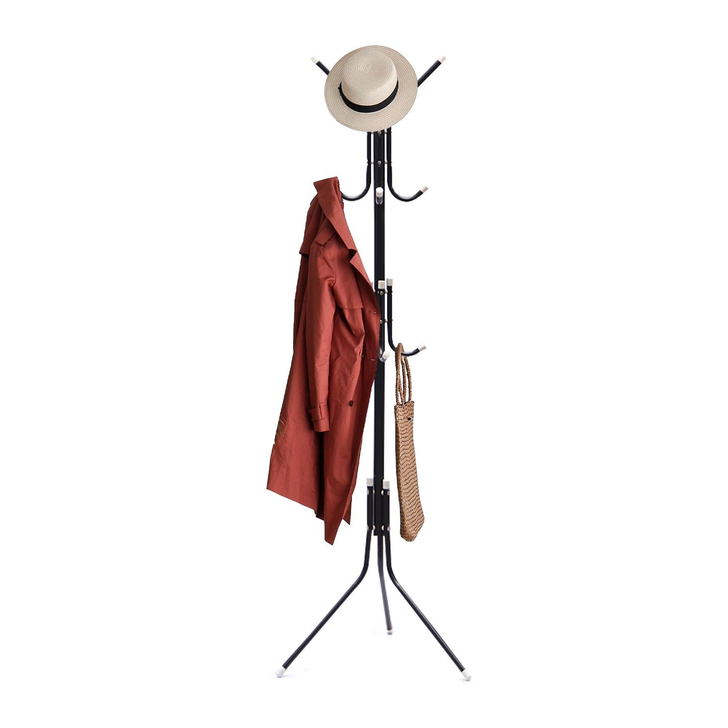 EKKIO 12 Hook Metal Coat Rack Stand with 3-Tier Hat Hanger (Black) - Cosy Abode
