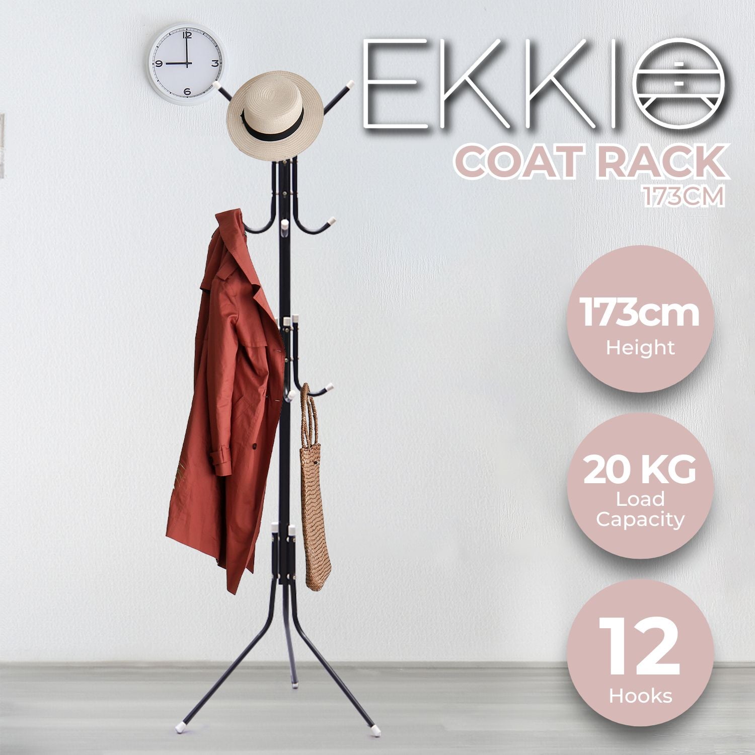 EKKIO 12 Hook Metal Coat Rack Stand with 3-Tier Hat Hanger (Black) - Cosy Abode