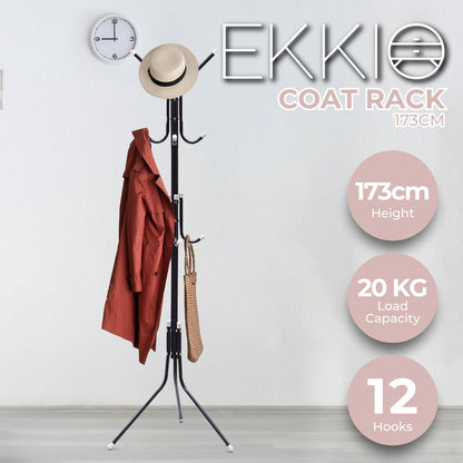 EKKIO 12 Hook Metal Coat Rack Stand with 3-Tier Hat Hanger (Black) - Cosy Abode