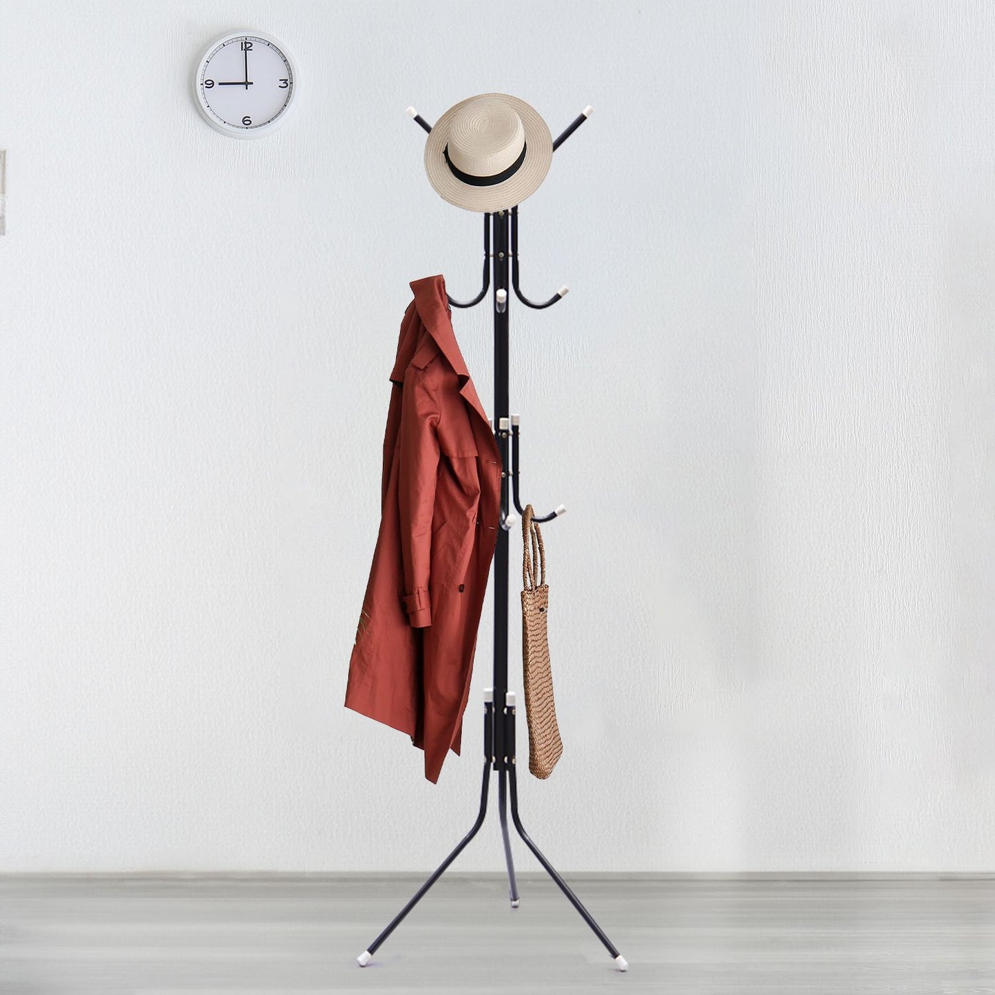 EKKIO 12 Hook Metal Coat Rack Stand with 3-Tier Hat Hanger (Black) - Cosy Abode