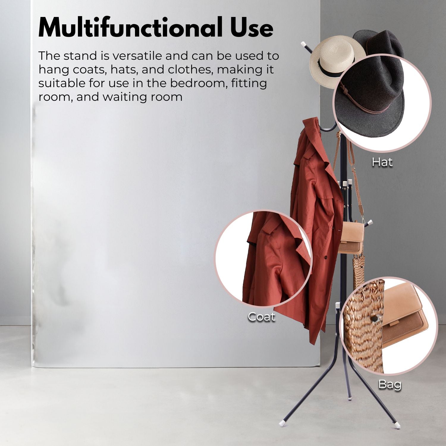 EKKIO 12 Hook Metal Coat Rack Stand with 3-Tier Hat Hanger (Black) - Cosy Abode