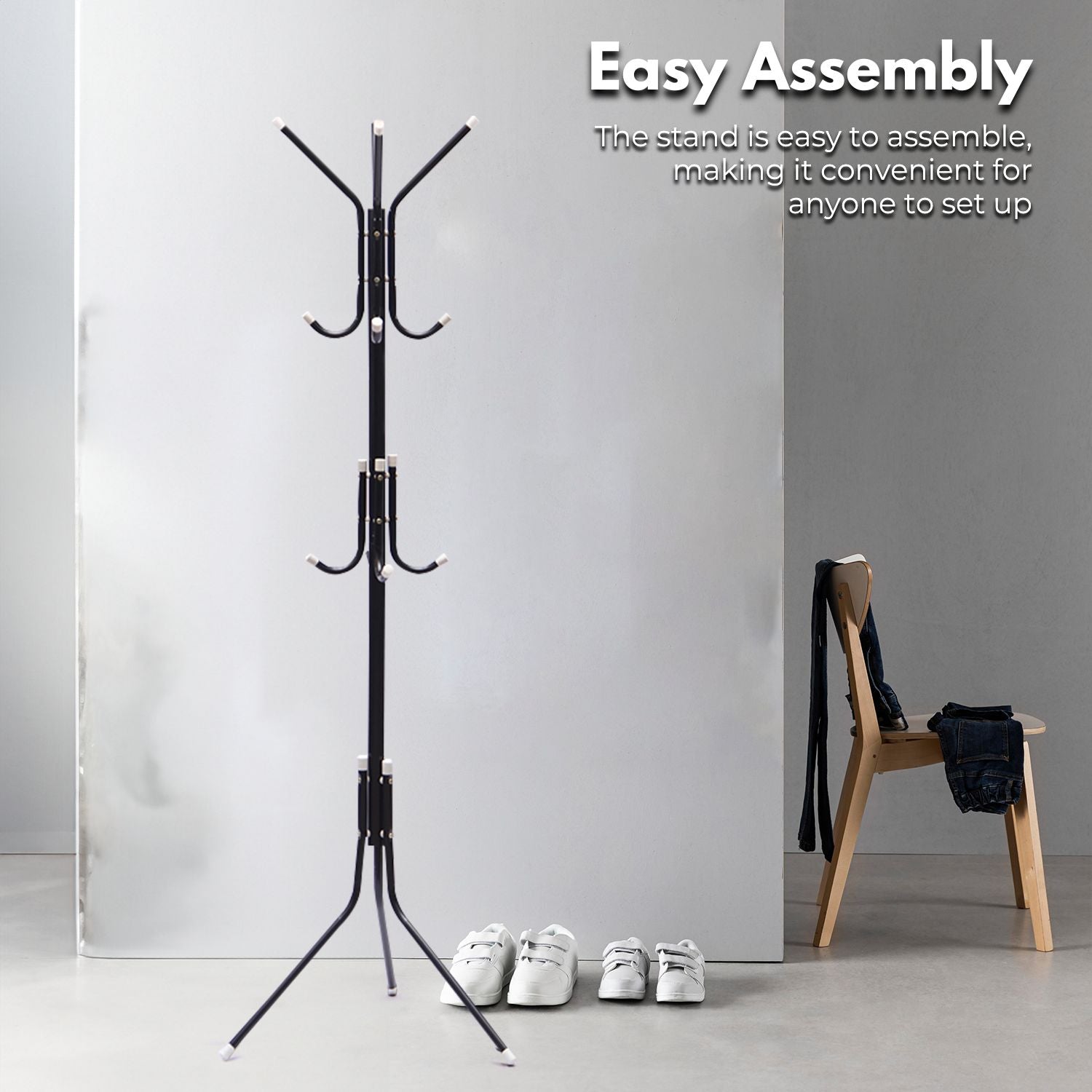 EKKIO 12 Hook Metal Coat Rack Stand with 3-Tier Hat Hanger (Black) - Cosy Abode