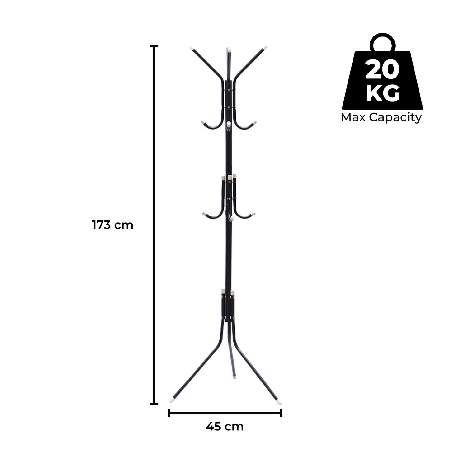 EKKIO 12 Hook Metal Coat Rack Stand with 3-Tier Hat Hanger (Black) - Cosy Abode