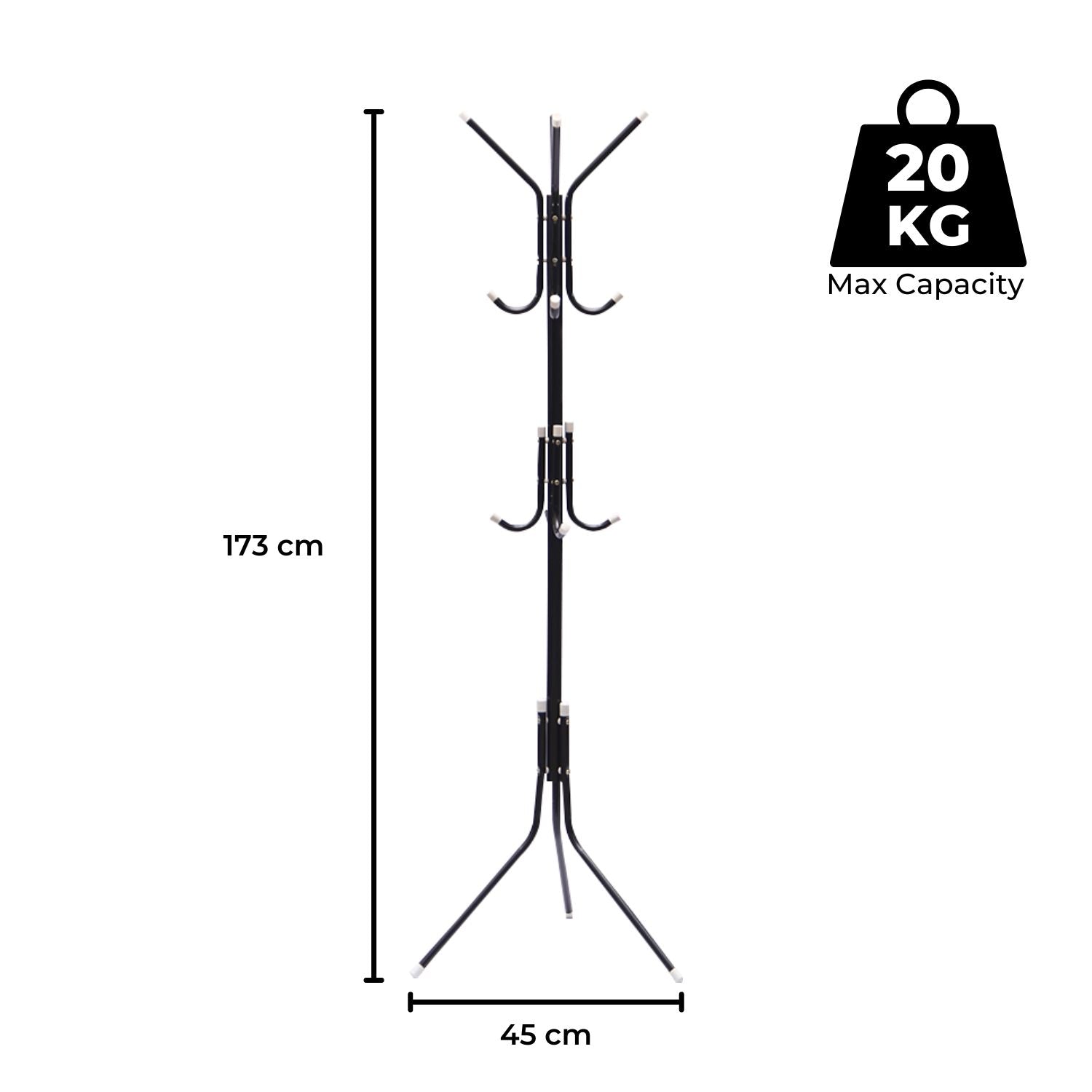 EKKIO 12 Hook Metal Coat Rack Stand with 3-Tier Hat Hanger (Black) - Cosy Abode