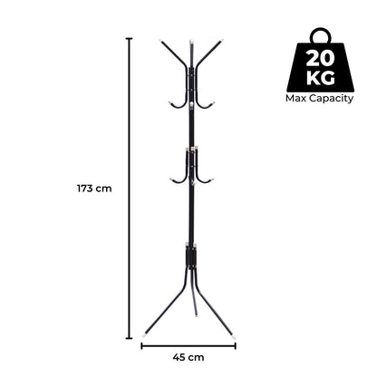 EKKIO 12 Hook Metal Coat Rack Stand with 3-Tier Hat Hanger (Black) - Cosy Abode