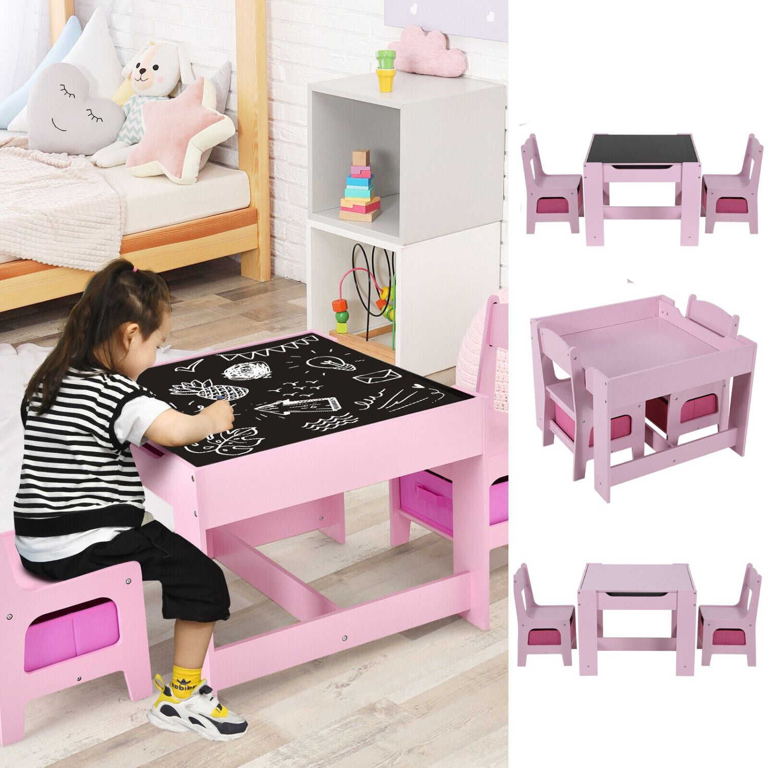 EKKIO 3PCS Kids Table and Chairs Set with Black Chalkboard (Pink) - Cosy Abode