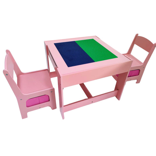 EKKIO 3PCS Kids Table with Lego Baseplate and Chairs Set with Black Chalkboard (Pink) - Cosy Abode