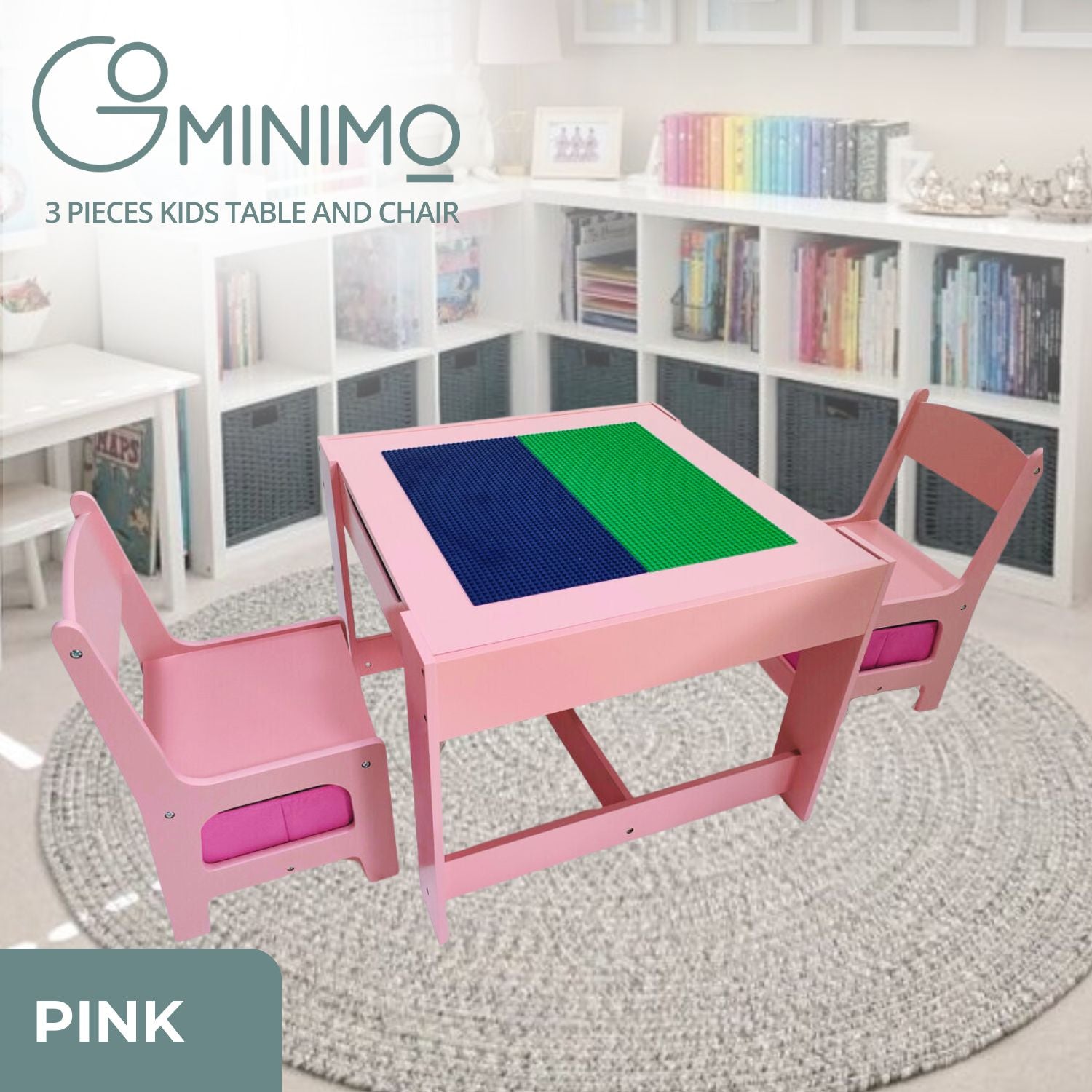 EKKIO 3PCS Kids Table with Lego Baseplate and Chairs Set with Black Chalkboard (Pink) - Cosy Abode
