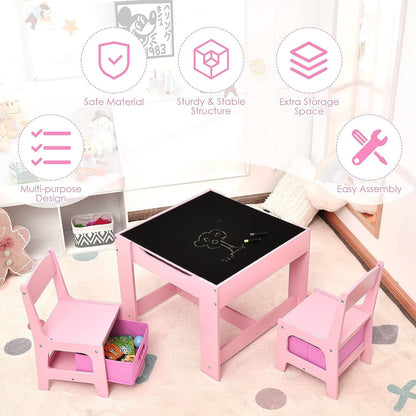 EKKIO 3PCS Kids Table with Lego Baseplate and Chairs Set with Black Chalkboard (Pink) - Cosy Abode