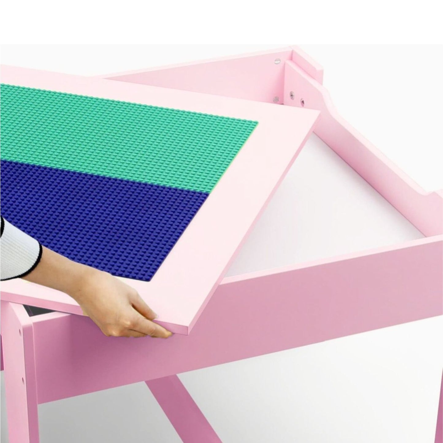 EKKIO 3PCS Kids Table with Lego Baseplate and Chairs Set with Black Chalkboard (Pink) - Cosy Abode